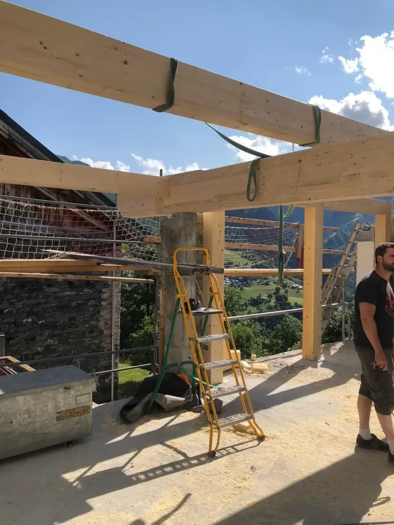 Shade canopy and exterior construction at Chalet La Grange
